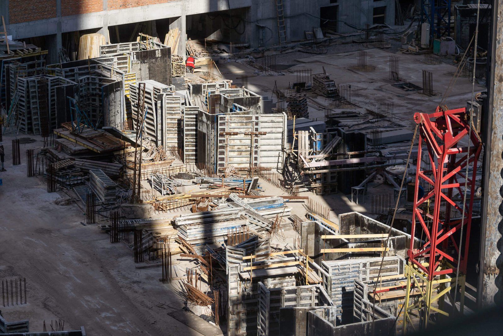 Foundation formwork and reinforcing steel on a construction site